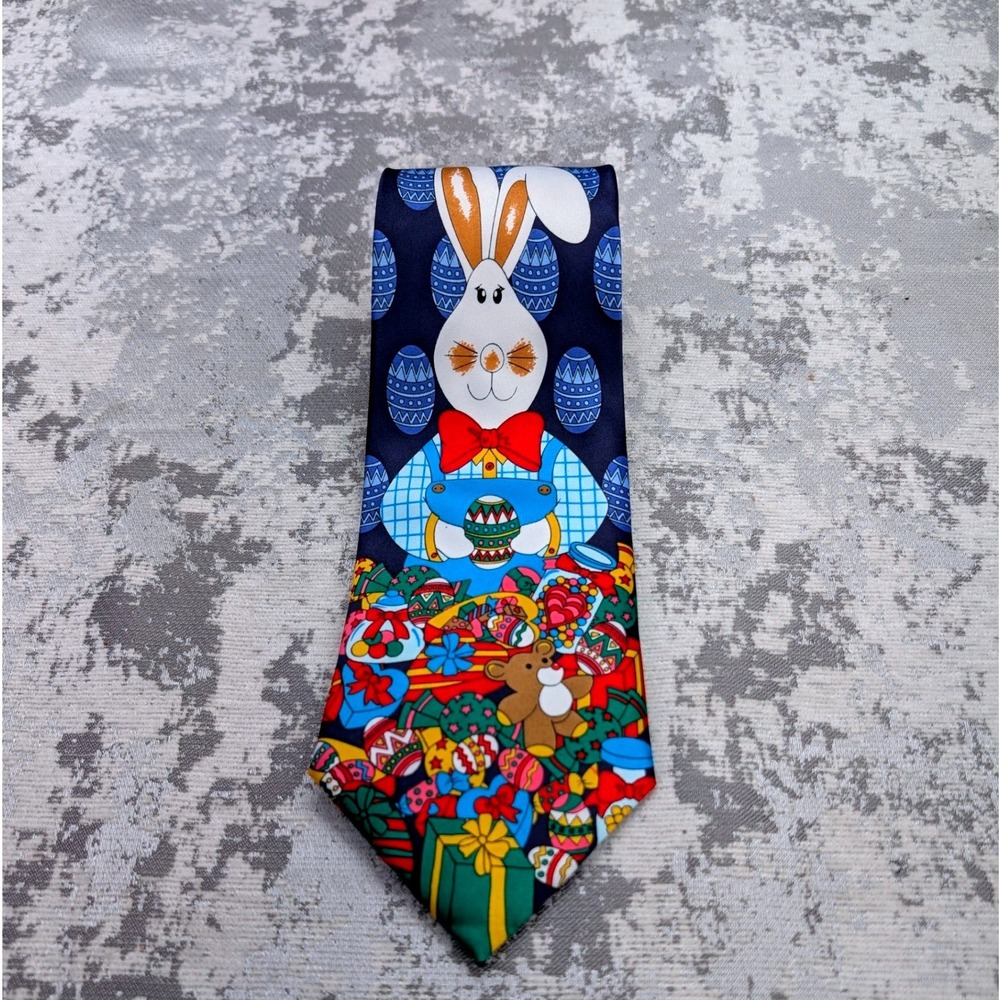 Three Rooker Big Bunny Easter Egg Print Silk Blend Necktie Men